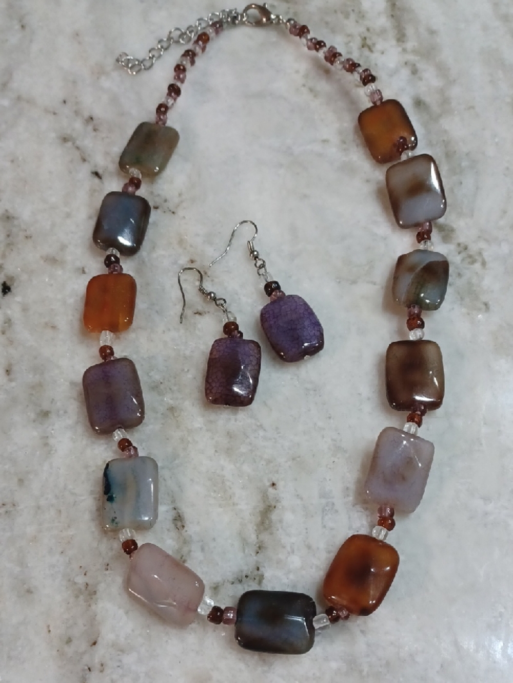 Multicolor Agate Rectangle Bead Necklace with Matching Earrings